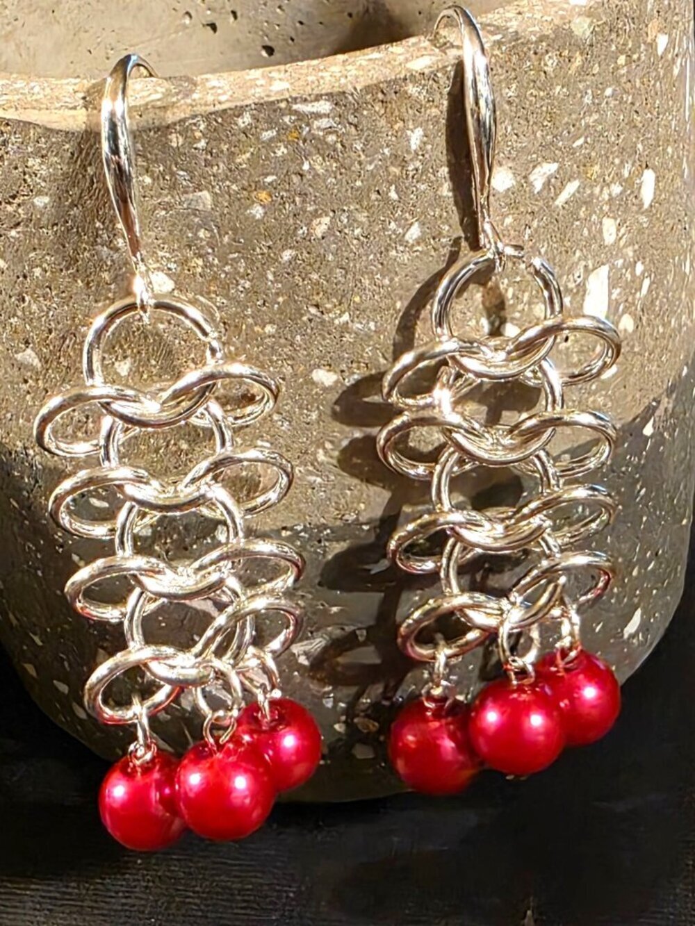 Edgy Red Glass Pearls Edgy Sterling Silver Plated Chainmaille Earrings